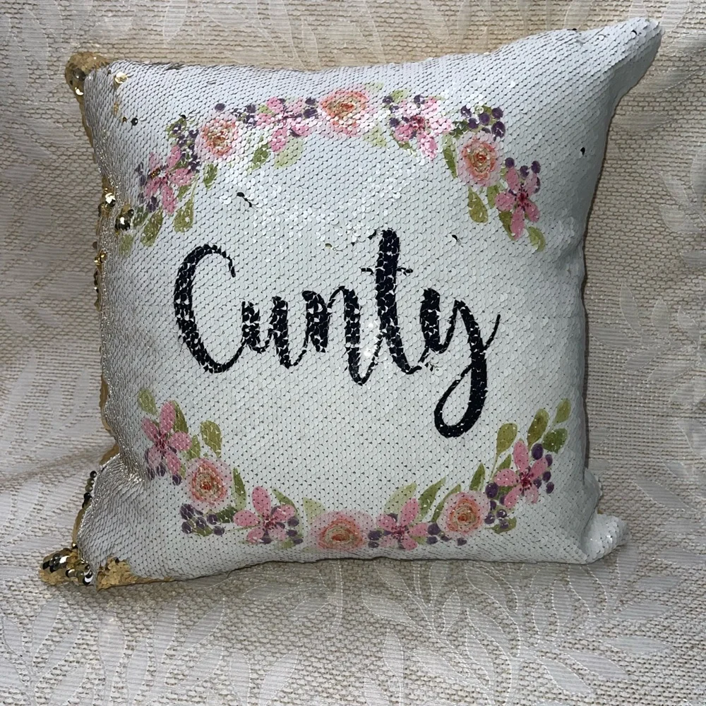 Floral white and Gold Sequin Pillow with Script